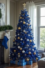 A vibrantly decorated blue Christmas tree stands tall in a well-appointed room, adorned with a festive assortment of gold, silver, and blue ornaments, including stars and a crescent moon. Presents wra
