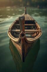 A vintage wooden boat floats serenely on calm water, its weathered planks and tied rope conveying a sense of history and tranquility. The soft, diffused light and muted color palette evoke a peaceful,