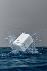 A white, geometric object plummets into deep blue water, creating a dynamic splash with droplets frozen in motion against a neutral background. This abstract and visually striking image captures a mom
