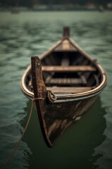 A weathered wooden boat floats gently on calm, dark water, its textured surface and rustic rope detail evoking a sense of peaceful solitude and timeless tradition. This image is ideal for concepts rel