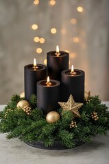 An elegant Advent wreath with four black pillar candles and shimmering gold accents, including a star and baubles, nestled amongst fresh green fir branches. The soft bokeh of warm, blurred lights in t