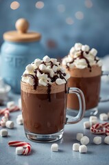 Indulge in the warmth and comfort of rich hot chocolate, decadently topped with fluffy whipped cream, a drizzle of chocolate sauce, and soft marshmallows. Scattered mini marshmallows and peppermint ca