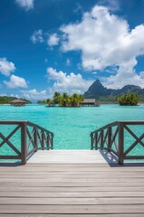 Step onto a pristine wooden boardwalk leading to crystal-clear turquoise waters. In the distance, lush tropical islands dotted with palm trees and thatched-roof bungalows rise from the serene ocean. T