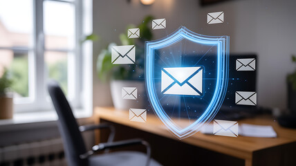 Digital Email Security Concept with Glowing Blue Shield and Envelopes in Modern Office