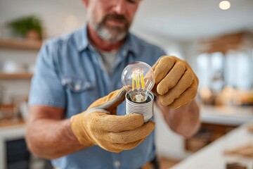 Man Changing Light Bulb in Modern Kitchen