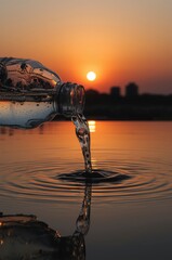 This captivating image captures the serene moment of pouring clear liquid from a clear plastic bottle into still water at sunset. The warm hues of the setting sun cast a golden glow across the scene, 