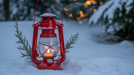 Vintage Red Lantern with Glowing Candle in Winter Snow - Cozy Holiday Scene