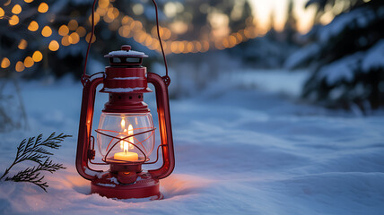 Vintage Red Lantern with Candle in Snowy Winter Landscape with Bokeh Lights