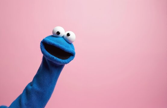 Funny blue sock puppet with big googly eyes smiles wide on soft pink background. Playful handmade toy brings joy, child fun. Creative character for kids entertainment, shows, games, art concepts.