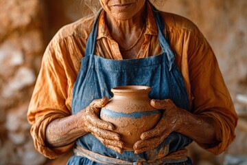 Woman holding a handmade clay pot in a pottery workshop