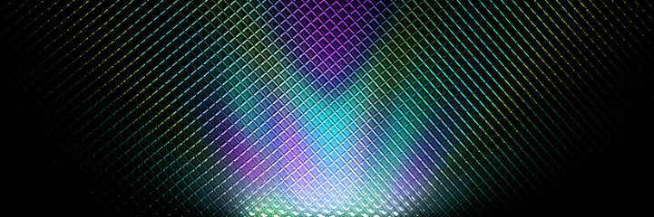 Wide horizontal banner with multicolor neon glow on a diamond grid. Clean promo background suited for Cyber Monday use.