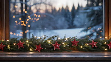 Cozy Winter Window with Festive Christmas Garland, Lights, and Snowflakes, featuring a Rustic Wooden Sill and Blurred Outdoor Scene