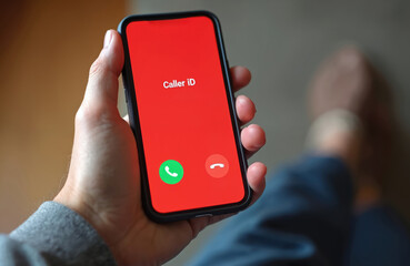 Man holding smartphone with incoming call from unknown number. Caller ID screen shows red background with answer and decline options. Person considering whether to respond.
