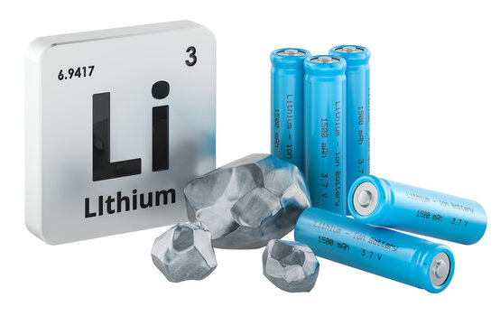 Periodic table sign for lithium element with metallic ore pieces and blue lithium-ion batteries. 3D rendering