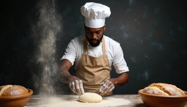 African-American male chef bakes bread in kitchen. Baker wearing chef hat apron prepares dough. Flour dusts the air. Homemade artisan bread lies nearby. - Powered by Adobe