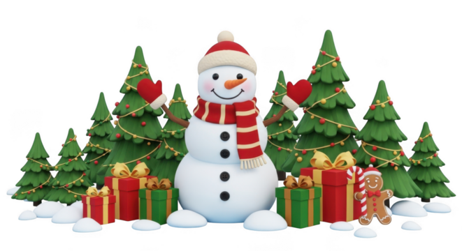 Joyful snowman surrounded by festive christmas trees and presents a winter wonderland scene