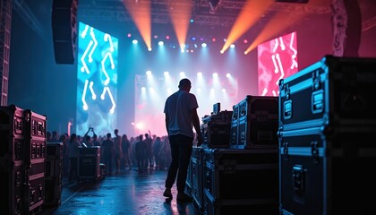 Concert backstage view with man walking among equipment boxes. Stage with bright lights and screens in background. People in crowd enjoying live music performance.