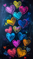Vertical Column of Multicolored Chalk Hearts on Black Background with Artistic Splatter Accents