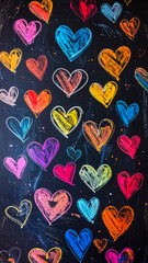 Playful Explosion of Hand-Drawn Colorful Hearts Filling a Blackboard in a Joyful Artistic Display