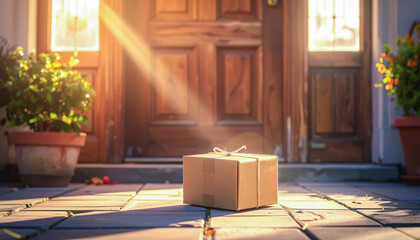 Cardboard Parcel on the Doorstep Illuminated by Morning Sunlight in a Peaceful Suburban Scene