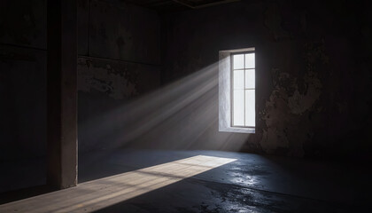 Soft White Light Pouring Through a Tall Window into a Dim, Abandoned Interior with Cracked Walls