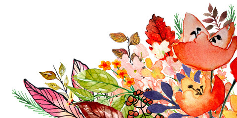 Cornice angolare autunnale con foglie e fiori colori d'autunno, illustrazione ad acquerello, composizione isolata
