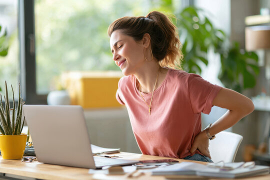 Woman with back pain working on laptop at home office