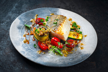 Fried skrei cod white sea fish filet with green vegetable and tomato, rice passion fruit relish umami sauce  Mediterranean dish recipe