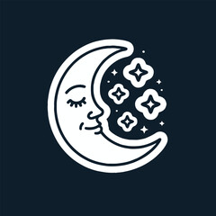 White crescent moon with a face and closed eyes surrounded by stars on a dark blue background