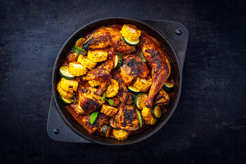 Authentical barbecue hot spicy chicken tandoori curry masala with grilled maiz corn and zucchini served as top view in a frying pot