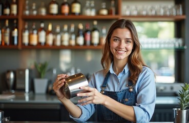 Smiling young woman bartending in a bar prepares cocktails. Happy female worker smiles at camera holding a shaker. She wears apron and uniform. The bar has bottles and glasses.