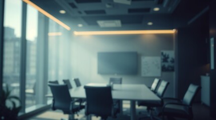 Fototapeta premium blurred background of a modern office interior with panoramic windows and beautiful lighting, Blurred office meeting room