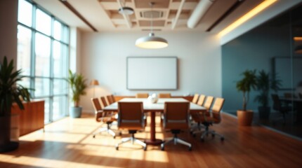Fototapeta premium blurred background of a modern office interior with panoramic windows and beautiful lighting, Blurred office meeting room