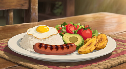 Delicious breakfast plate with rice, fried egg, sausage, avocado, salad, and fried plantains