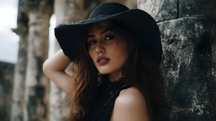 Elegant woman in black hat poses by weathered ancient ruins face in shadow