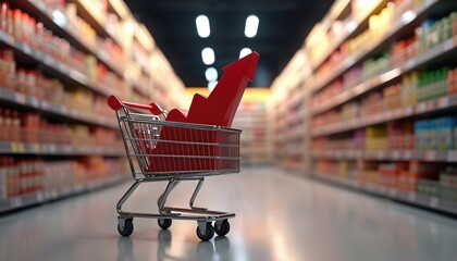 Shopping cart with red upward arrow in supermarket aisle represents growing prices consumerism or financial success. Economic growth increase concept is shown with cart full of goods.