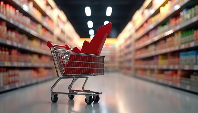 Shopping cart with red upward arrow in supermarket aisle represents growing prices consumerism or financial success. Economic growth increase concept is shown with cart full of goods.