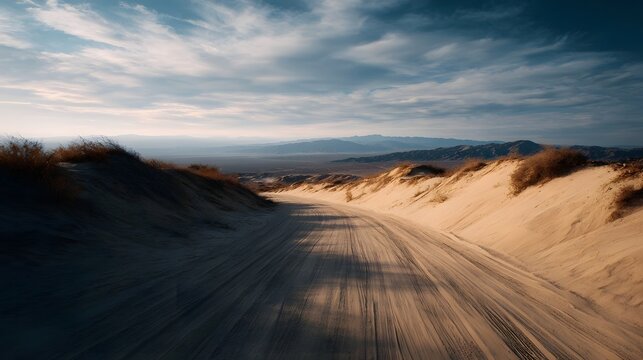 A winding dirt road through desert sand dunes under a dramatic sky