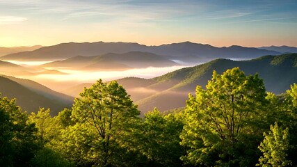 Serene mountain landscape at sunrise with misty valleys and lush trees