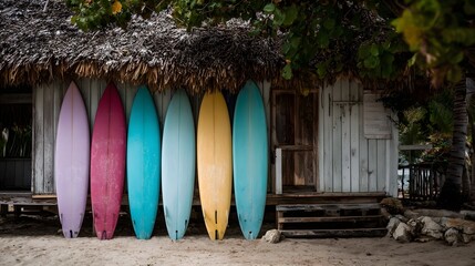 Six colorful surfboards lean against a rustic tropical beach shack