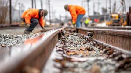 Naklejka premium Focused medium shot of maintenance workers carefully replacing old rails on a heritage commuter line with the surrounding rail yard softly blurred to emphasize restoration efforts.