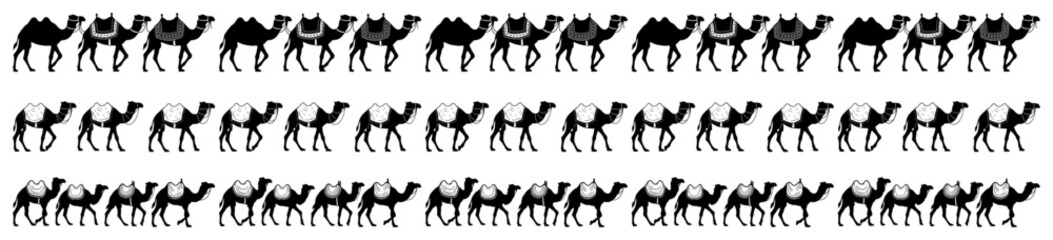 Camel caravan silhouette seamless border Vector pattern with walking dromedary animals for ethnic or travel design