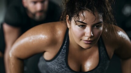A sweaty woman intensely focused while performing a push up exercise in a gym with a trainer observing in the background