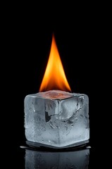A visually striking composition featuring a vibrant orange flame burning atop a crystal-clear ice cube, dramatically set against a deep black background with subtle reflections. The stark contrast bet
