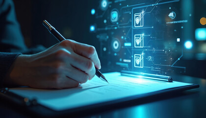 Person reviews digital compliance checklist on futuristic screen. Completing tasks on interactive interface, digital verification process for business goals and projects.