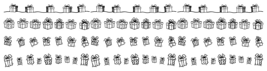 Hand drawn gift box seamless borders set Vector doodle collection of presents for Christmas or birthday design