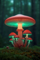 An enchanting cluster of fantastical mushrooms illuminates a verdant forest floor with a captivating bioluminescent glow. A prominent, large mushroom stands tall at the center, its vibrant reddish-ora