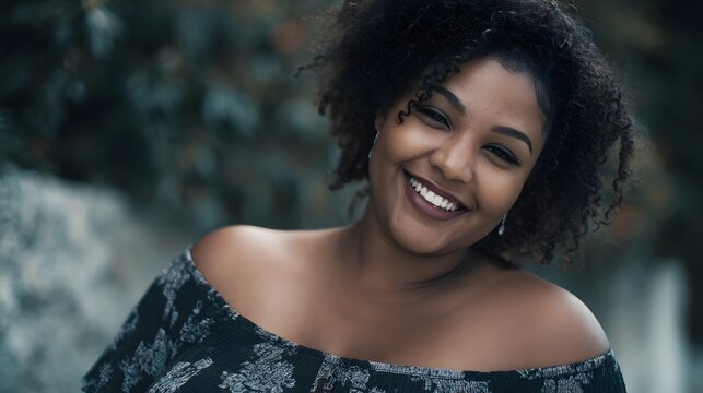 A happy plus size woman with natural curly hair smiles outdoors in a lush green setting