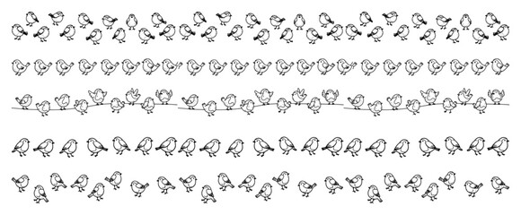 Hand drawn cute birds seamless borders set Vector doodle collection of little sparrow animals for spring design