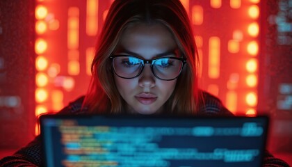 Young woman in glasses codes on laptop. She works in dark room with red illumination. Focus is on her eyes and screen display. Modern tech and computing theme is present.